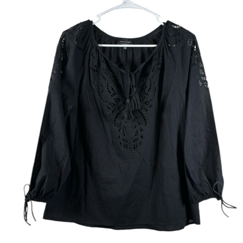 Lucky Brand Black Tie Front V-Neck Blouse Embroidered Detail Size Med EUC #0115